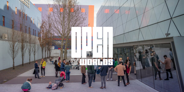 Logo that depicts "Opens Worlds" combined with the logo for Museum of the Moving Image is positioned over an image of the Museum's courtyard filled with people talking.