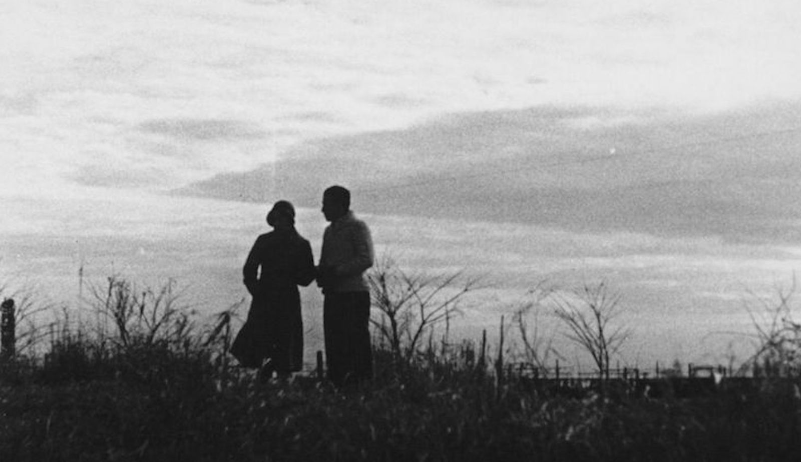 A black and white image of two human figures silhouetted against the sky standing amidst tall grasses