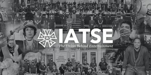 The words IATSE against a black and white collage of different workers looking at us, from crowds to individuals.