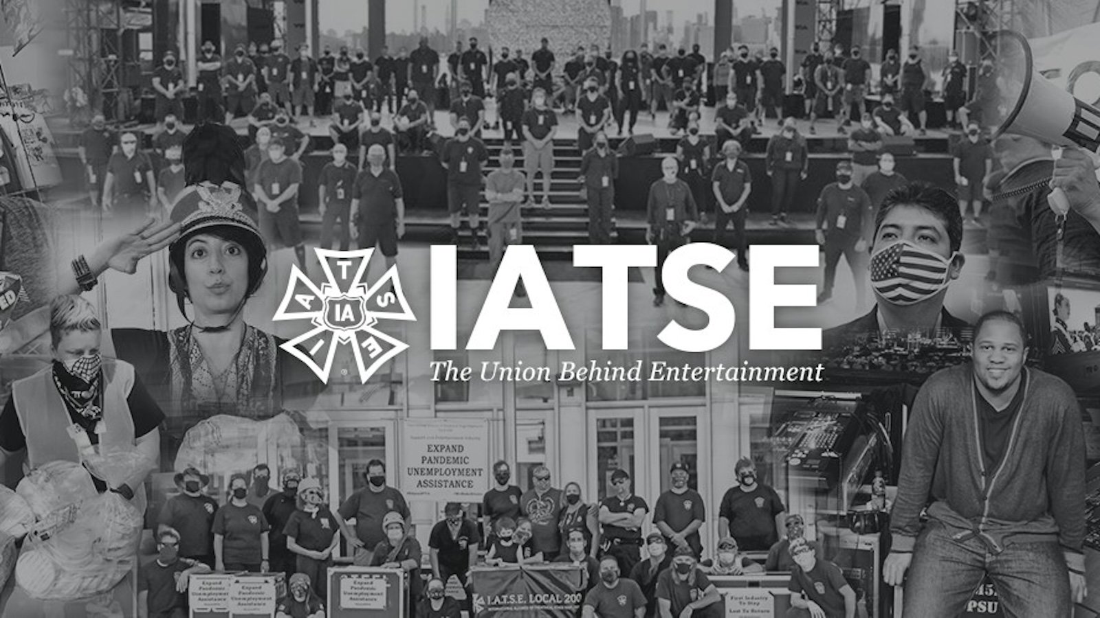 The words IATSE against a black and white collage of different workers looking at us, from crowds to individuals.