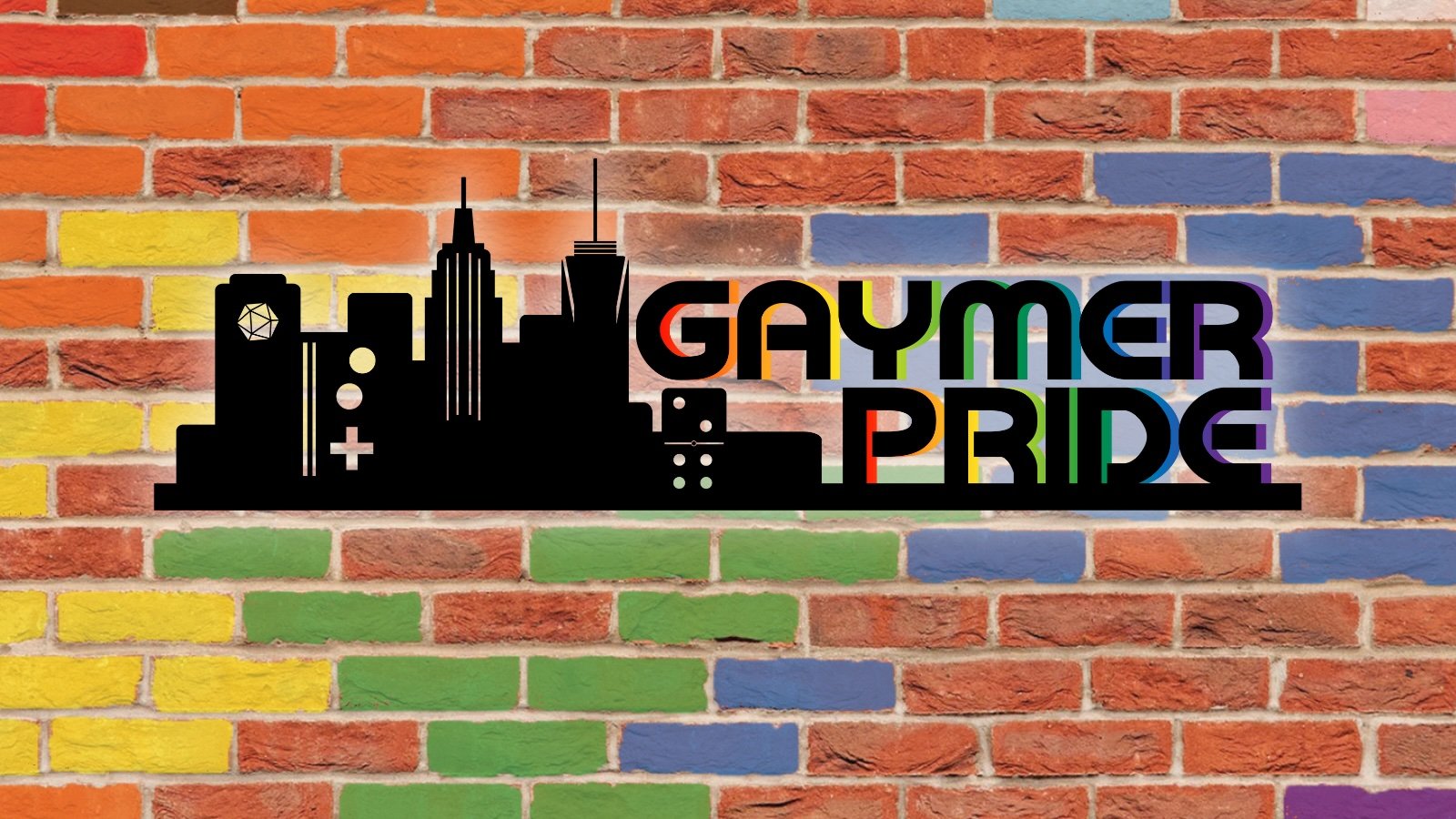 The words GAYMER PRIDE against a red brick wall with colorful green and blue bricks scattered about.