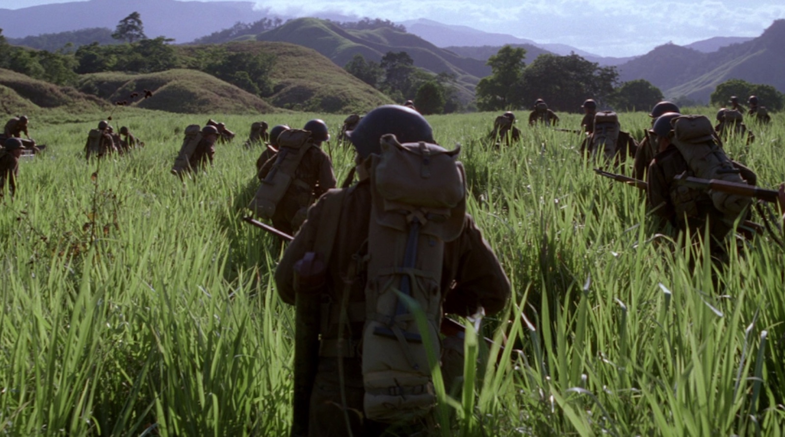 Men in army fatigues and helmets walk through tall grasses in a green landscape
