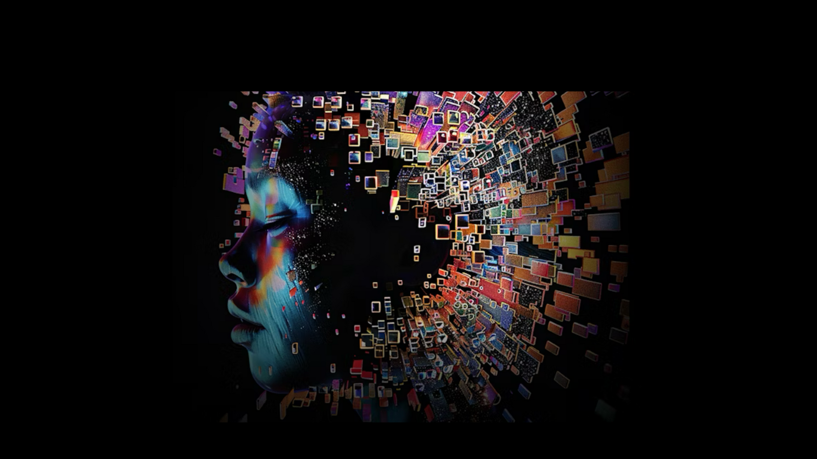 centered on a black background is an illustration of a bold profile facing to the left of the frame of a person with dark skin tone with colorful blue and pink highlights and a mosaic of colorful images in the shape of an afro hairstyle