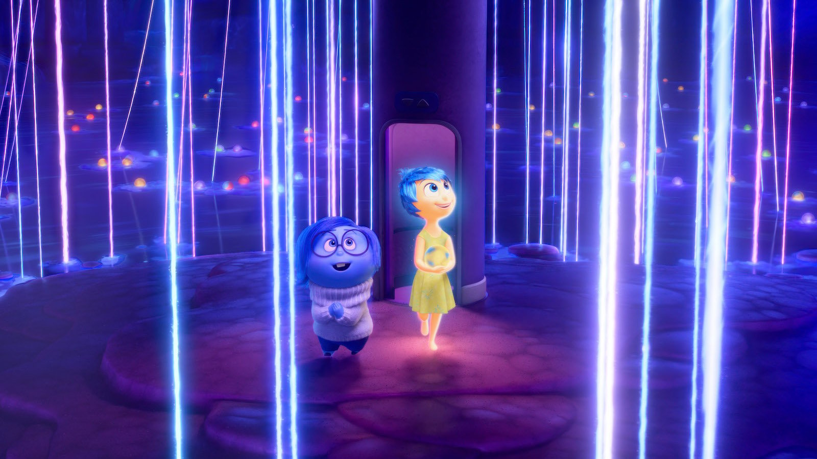 Two animated characters, one blue with glasses and one yellow with blue hair walk through a purple and blue fantasy world with light beams, looking up in wonder and awe